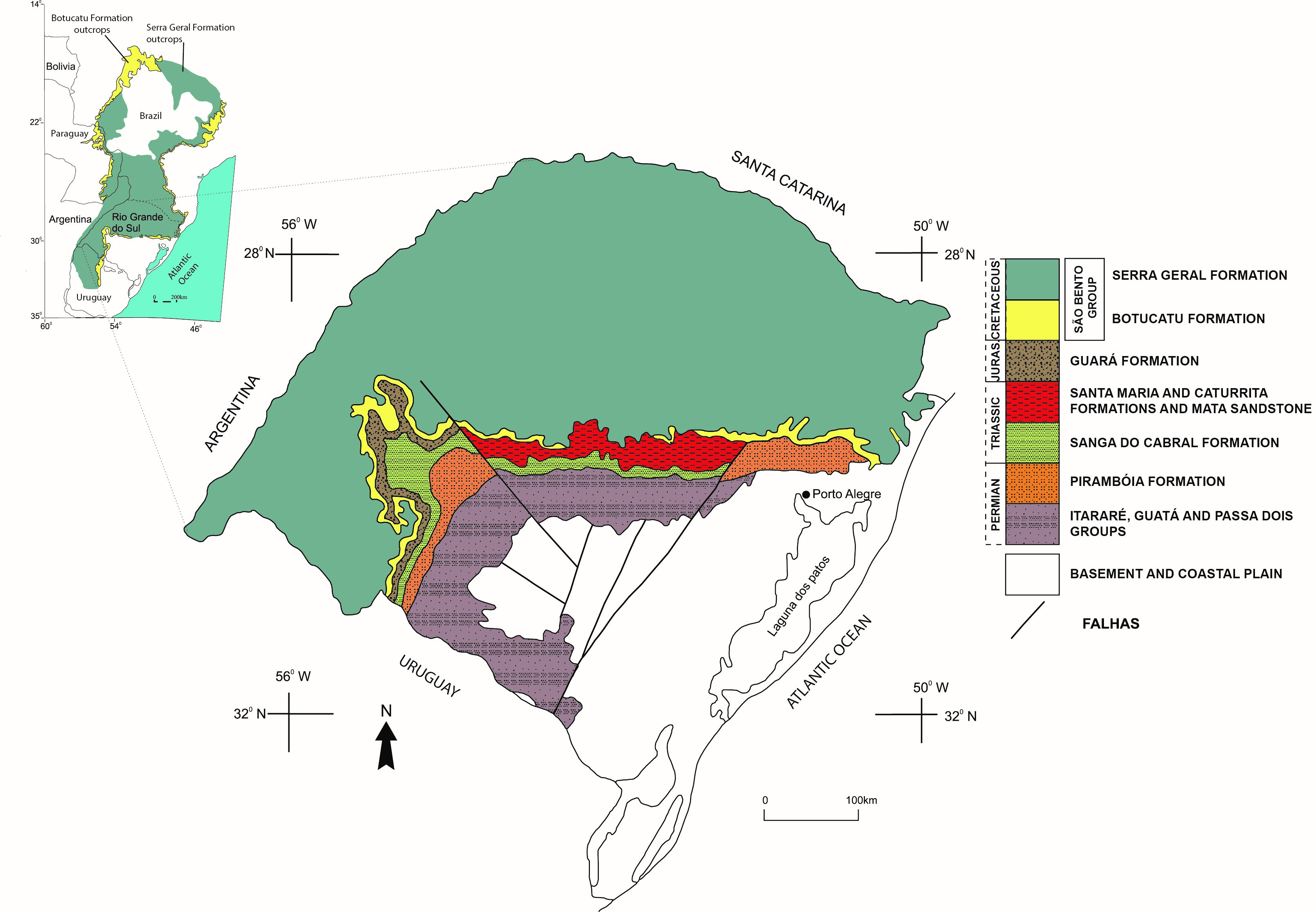 Figure 1. Simplified geological map of Paraná Basin in Rio Grande do Sul state, Brazil. (modified from Scherer & Lavina, 2005)[1]
