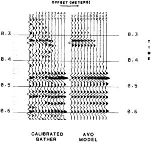 Figure 6 Comparison of calibrated seismic data and the gas well AVO model.